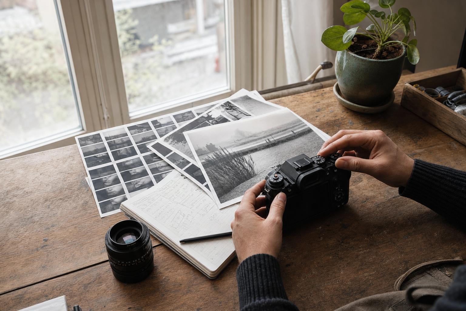 Fotograaf stelt camera in naast contactafdrukken en notities