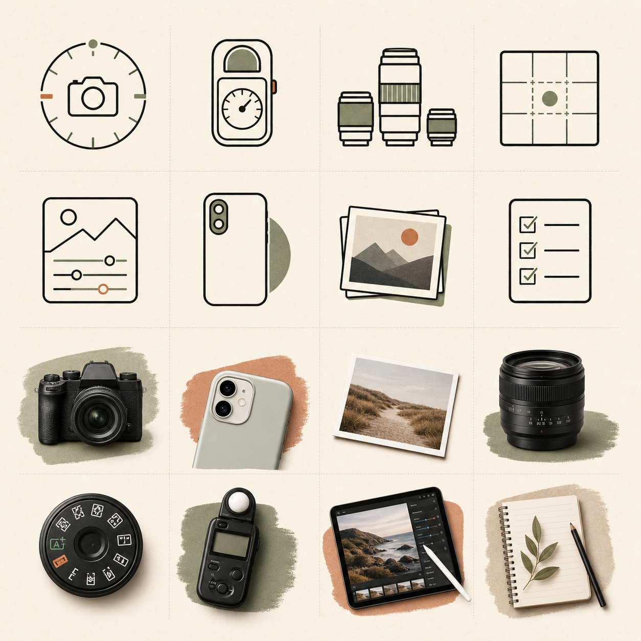 Fotocentraal iconen voor camera, lens, telefoon en fotobewerking