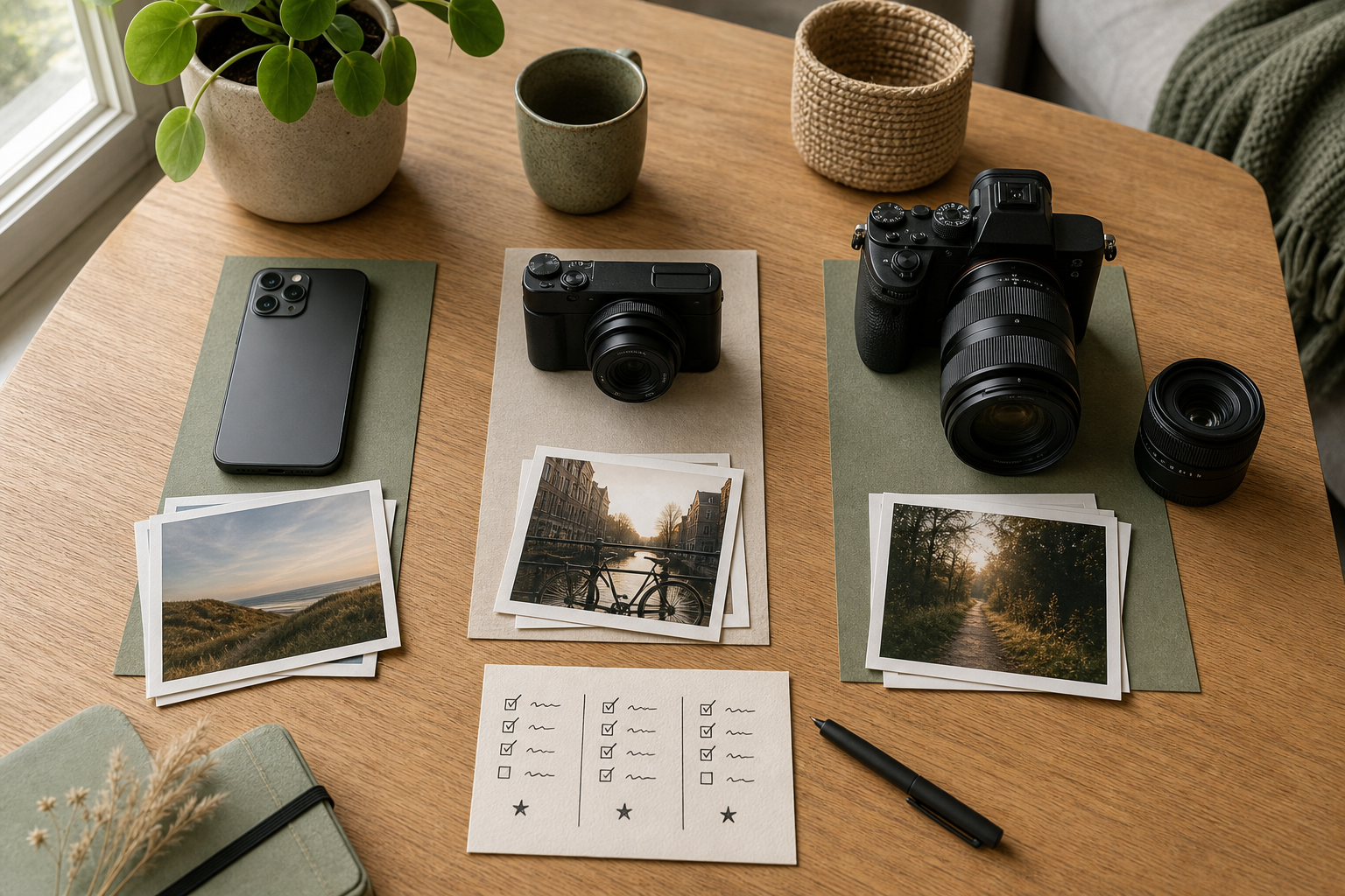 Camera, smartphone, lens en fotoprints op een tafel