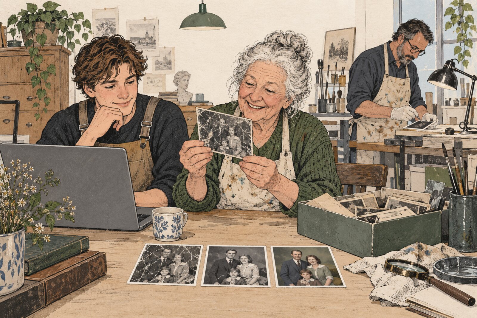 Illustratie: een oma en haar kleinzoon aan tafel met een schoenendoos oude foto's, drie afdrukken naast elkaar: met krassen, schoongemaakt en voorzichtig ingekleurd