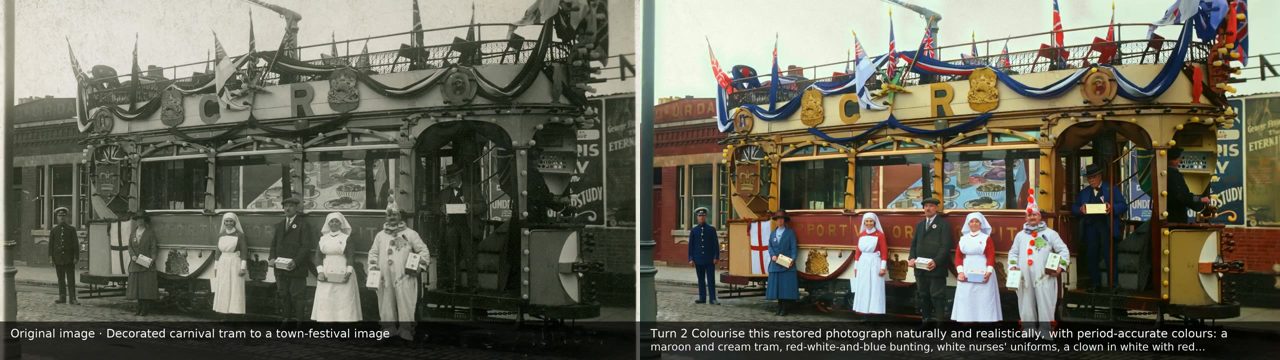 Zwart-witfoto van een versierde tram op een kermis met verpleegsters en een clown, ernaast dezelfde foto ingekleurd in bordeauxrood en crème met gekleurde vlaggetjes
